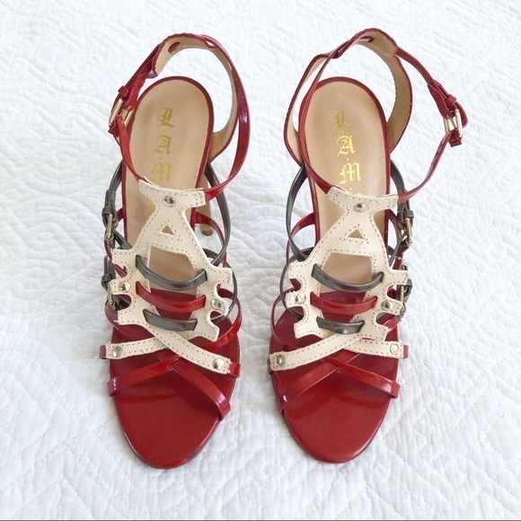 L.A.M.B. Gwen Steffani Red Cream Strappy Sandals - Picture 2 of 9